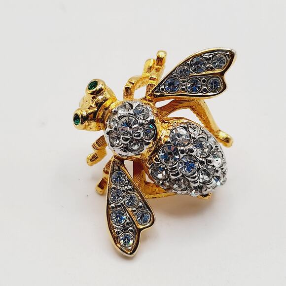 Vintage 1990s Joan Rivers Bee Brooch – Clear Pave Rhinestones, Green Eyes, Pin - Picture 3 of 9
